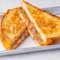 Grilled Cheese ＆ Tomato Soup · (v) Grilled Cheese and Tomato Soup -  Cheddar, Provolone and Pimento Cheese on Griddled Sour...