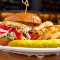 Grilled Chicken Sandwich · Lettuce, tomato, coleslaw, pickle red onions and chipotle mayo