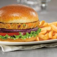 Veggie Burger · Black beans and veggies patty, lettuce, tomatoes, over brioche or gluten-free bun.