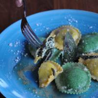 Ravioli Ricotta Spinach · Stuffed with spinach and ricotta tossed in butter and sage.