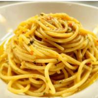 Spaghetti Aglio Olio Peperoncino · The most classic, garlic, extra virgin olive oil, crushed red peppers, and parsley.