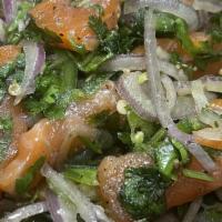 Cold Smoked Salmon Salad 1 Lb · Cold sMoked Salmon, Red Onion, Cilantro & Jalapeños, a touch of olive oil - Kosher (KM)