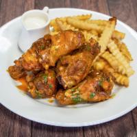 5 Pieces Chicken Wings · Choice of sauce and a side.
