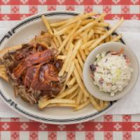BBQ Pulled Pork Plate · Twice the pork of the pulled pork sandwich, served open faced with our sweet blend BBQ sauce.