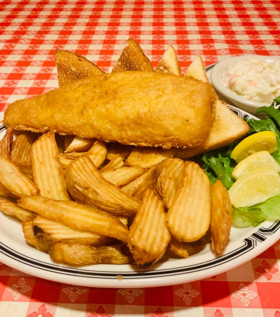 Fish & Chips  · The Real Deal. A Beautiful Filet of Wild Alaskan ½ Pound Cod Served Over Wedge Cut Chips with Toast and Coleslaw. 