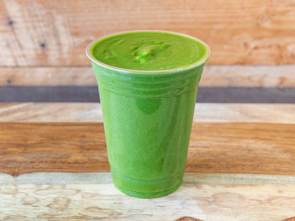 Queen Green Smoothie · Mango, banana, spinach, kale and pineapple juice.