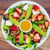 King Kale Salad · Organic mixed greens, apple, cucumber, pecan, avocado, strawberries and Balsamic Vinaigrette. 