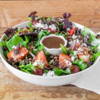 Strawberry Feta Salad · Organic mixed greens, strawberries, grapes, pecan, raisins, feta cheese and balsamic vinaigr...