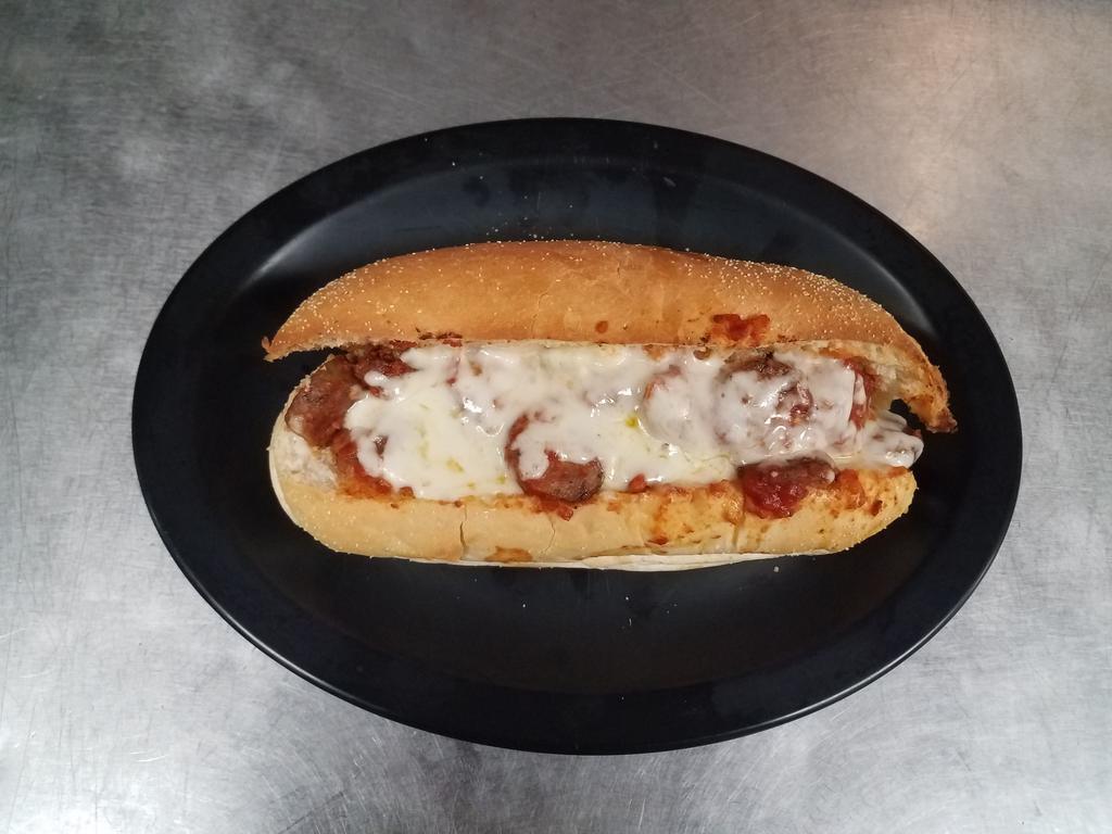 Sausage Parmigiana Sub · Home made sweet sausage topped with tomato sauce and mozzarella cheese.