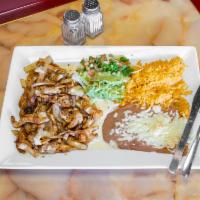 Pollo Loco Specialty · Grilled chicken breast cooked with onions and cheese sauces,served with rice,refried beans,p...