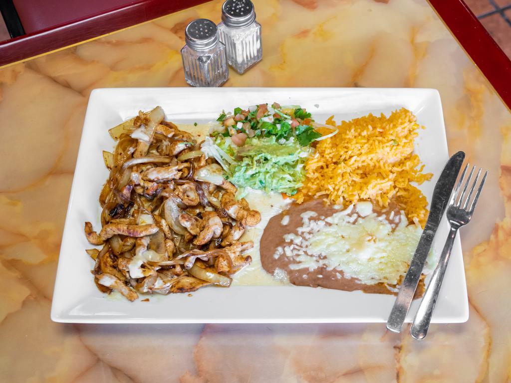 Pollo Loco Specialty · Grilled chicken breast cooked with onions and cheese sauces,served with rice,refried beans,pico de gallo sour cream, lettuce and tortillas.