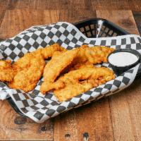 Chicken Tenders · Served with fries. 5 Breaded chicken breast tenders tossed in your choice of sauce. Served w...