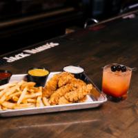 Chicken Tenders and Fries · Breaded chicken tenders, fries and dipping sauce.