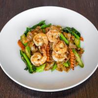 Shrimp Pad See Ew · Stir-fried flat rice noddle with broccoli, egg, and black soy sauce.