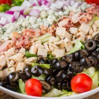 Chopped Salad · Finely chopped Romaine and iceberg lettuce, spinach leaves, grilled chicken, green pepper, r...