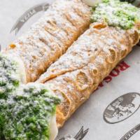 2 Cannolis · Crisp Sicilian pastry shells filled with sweetened ricotta and chocolate chips, dipped into ...