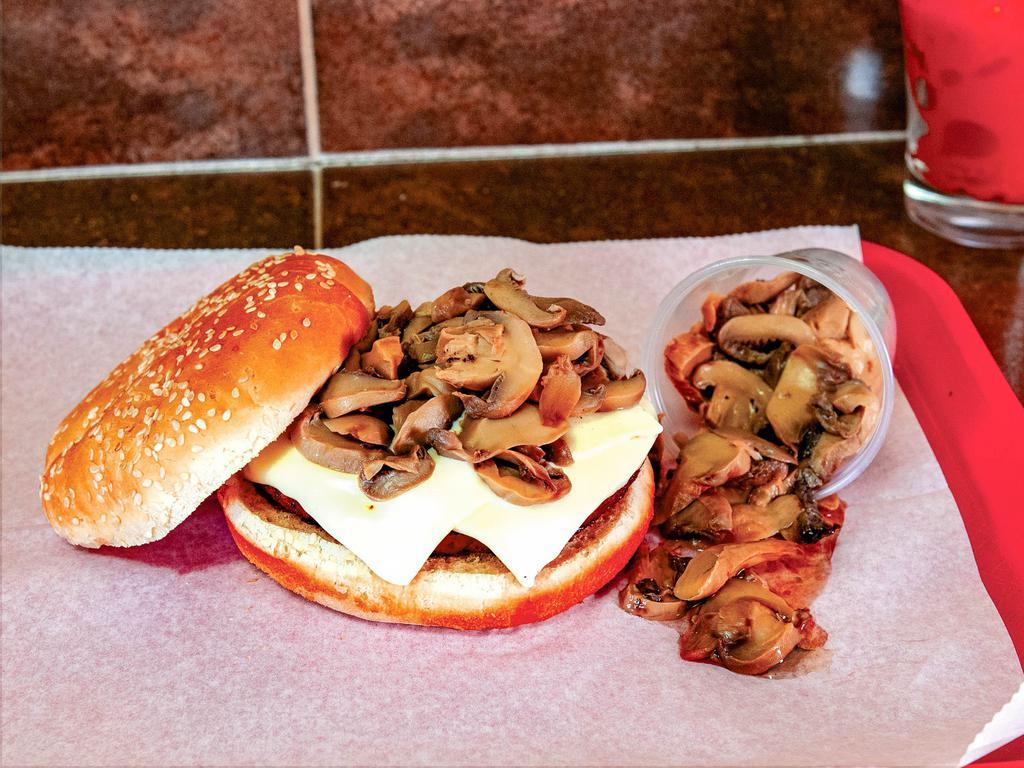 Mushroom Burger · Melted cheese, mushroom, and garlic parmesan butter.
