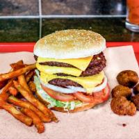 Wing Buster Triple Knock Out Burger · Lettuce, tomato, onion, mayonnaise, ketchup, and mustard.
