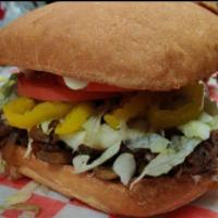 Steak and Cheese Burger · Mushroom, onions, provolone cheese, banana peppers and burger-time sauce.