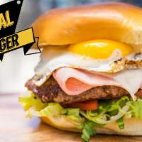 Local Burger  · 8 oz. of 100% Angus beef topped with mozzarella cheese. ham, grilled egg, bacon and bun brio...