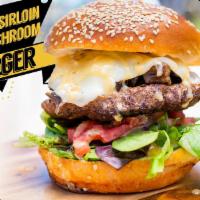 Grilled Sirloin and Mushroom Burger  · Fire grilled sirloin patty, ceramelized mushroom, Swiss cheese, arugula salad, caramelized o...