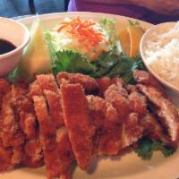 Chicken Katsu · Battered chicken. Served with soup, salad, and rice.