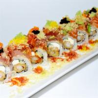 Las Vegas Roll · Soft shell crab, macadamia nut, cream cheese, asparagus topped with mixed fish w/crab stick,...