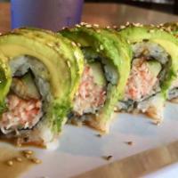 Caterpillar Roll · Imitation crab, avocado, cucumber, eel, and sweet sauce. 
These menu items are raw or underc...