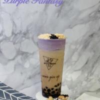 Purple Fantasy · Topping with boba, cashew nuts, sesame, peanut, taro cheese foam.