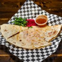Birracuda Quesadilla · Braised beef, oaxacan cheese queso sauce, cilantro, lime and white onion on a flour tortilla...