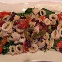 Squidward's Delight · Served with sauteed calamari, red beans, sliced hot cherry peppers, grape tomato, galic and ...
