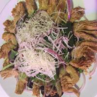 Crispy Artichoke Salad · Crispy fried artichoke, red onions, Parmesan cheese, roasted red peppers and mixed greens.