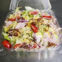 Big Time House Salad · Ham, bacon, tomato, onion, cucumber, egg,  shredded blend of cheese, tossed in a poppy seed ...