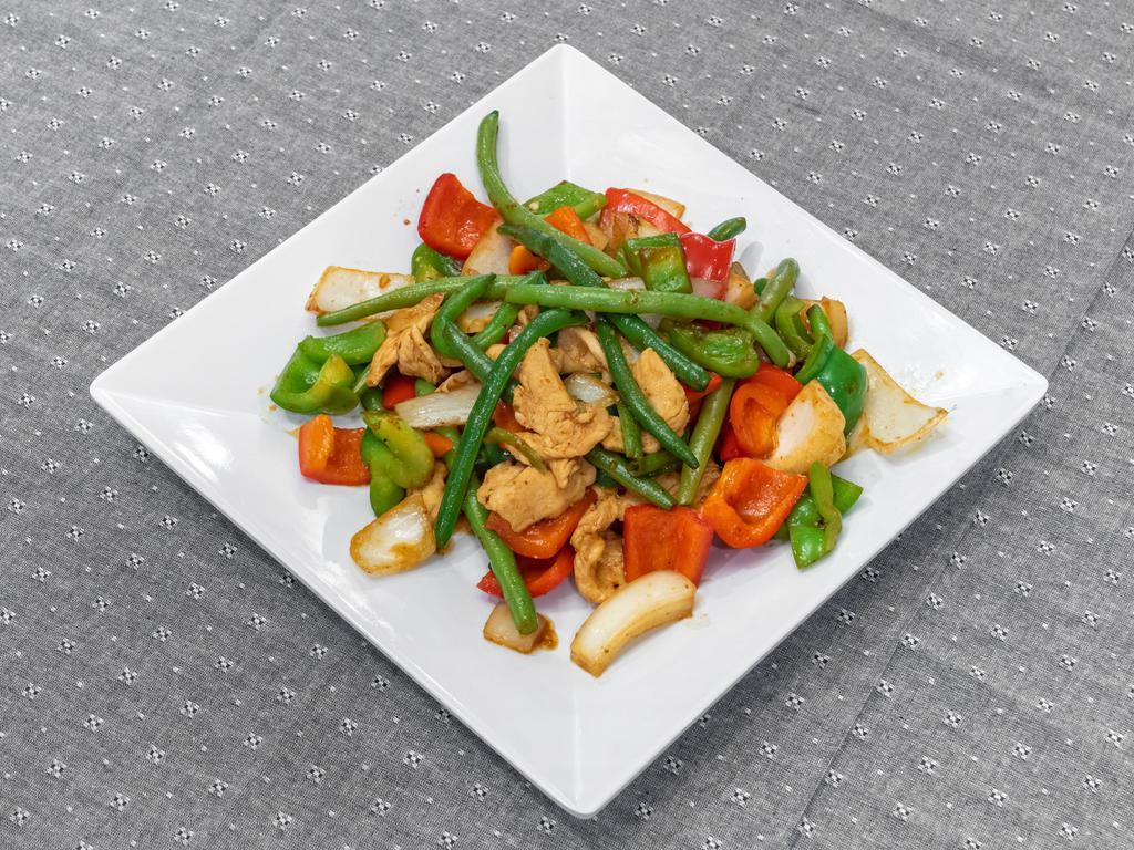F1. Pad Prig King · Stir-fried with bell peppers, green bean, and onions with spicy curry paste. Add pork belly for an additional charge.