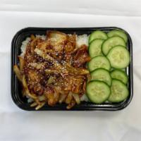 D9. Korean pork Belly Don · Grilled pork belly and onion with korean spicy sauce and slices cucumber.