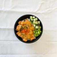 D14. Spicy Salmon Don · Raw salmon, spicy mayo, edamame, spicy cucumber, masago and jalapeno.