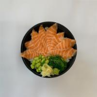 D16. Sake Don · Raw salmon on sushi rice with edamame and seaweed salad.
