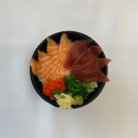 D18. Salmon Tuna Don · Raw salmon and raw tuna on sushi rice with masago and seaweed salad.