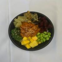 PB1. Hawaiian Salmon Poke Bowl · Raw salmon fish marinated with poke sauce, fried nori chips, pineapple, mango, beet, edamame...