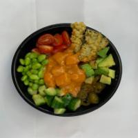 PB7 -Crazy Salmon Poke Bowl · Raw salmon fish marinated with Poke sauce, fried nori chips, avocado, cucumber, edamame, tom...