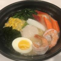 R9. Seafood Ramen · Shrimp, scallop, crab stick, squid, egg, spinach, seaweed and corn.