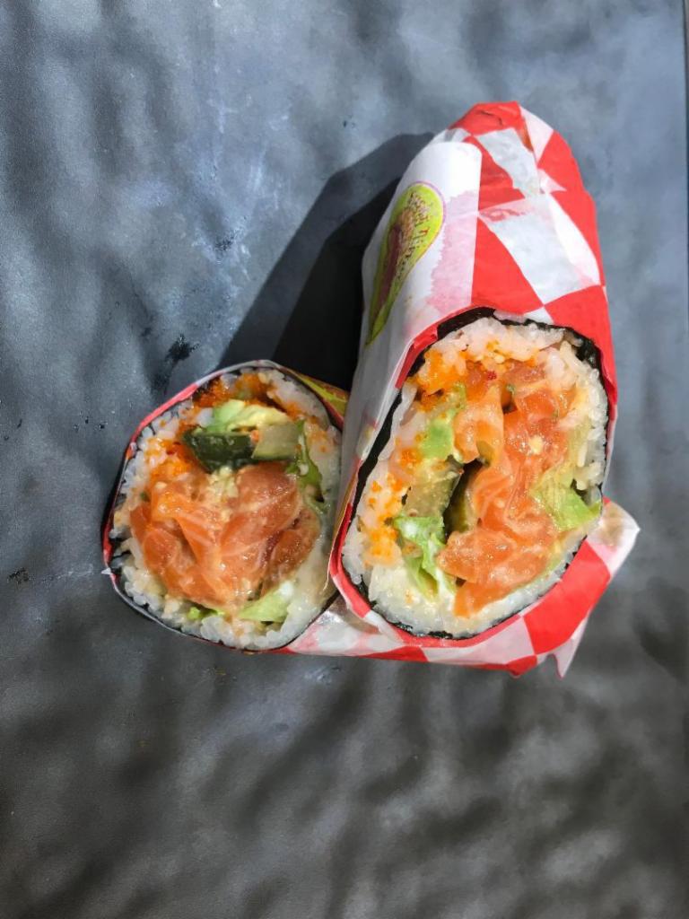 SB5. Spicy Salmon Sushi Burrito · Raw salmon, spicy mayo, spicy cucumber and masago. 