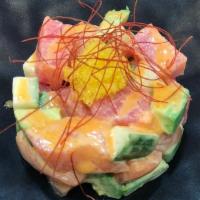 A2. Perfect Match · Tuna, salmon, cucumber, avocado, citric tobiko blended into spicy mayo. Raw.