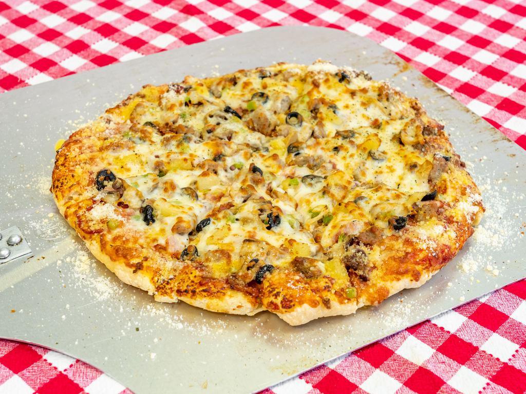 Super Deluxe Pizza · Mozzarella cheese, pepperoni, ham, bacon, ground beef, mild pepper rings, green peppers, mushrooms, black olives, onions, and Italian sausage.