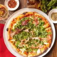 Pizza Napolitana · San Marzano tomato sauce, Imported fresh mozzarella, prosciutto di parma and baby arugula