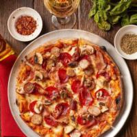 Pizza Angolo · San Marzano tomato sauce, imported buffalo mozzarella, pepperoni, prosciutto, bacon, mushroo...