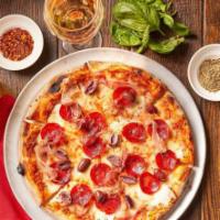 Pizza Quattro-Stagioni · San Marzano tomato sauce, imported buffalo mozzarella, prosciutto, Kalamata olives and peppe...