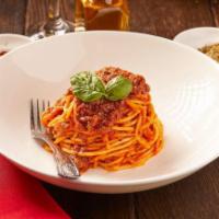 Spaghetti Bolognese · Spaghetti topped with traditional tomato meat sauce