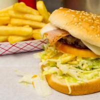 Burger Hawaiiana + Fries · Beef burger, ham and pineapple sauce and fries.