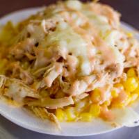 Maicito de Pollo · Corn and shredded chicken. Sweet grated corn kernels. Includes mozzarella cheese, pink sauce...